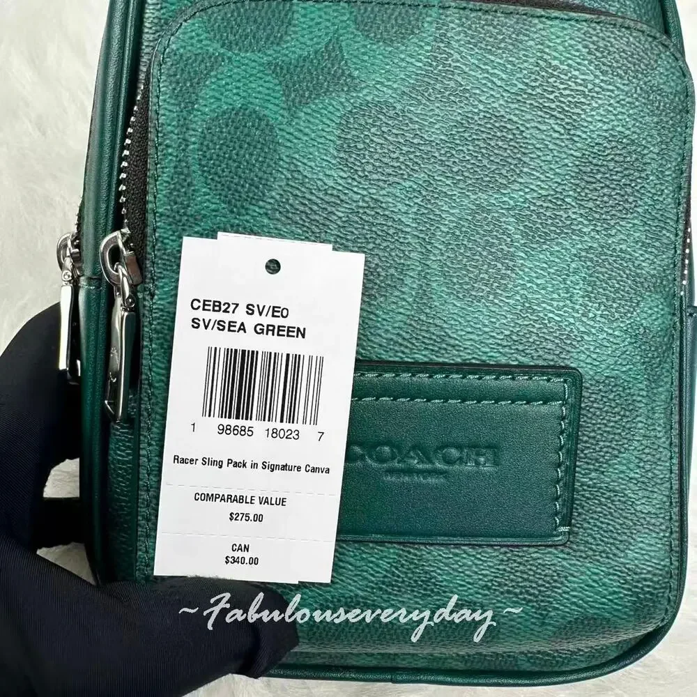 Coach Racer Sling Pack Signature Canvas With Charms/Silver/Sea Green CEB27 NWT